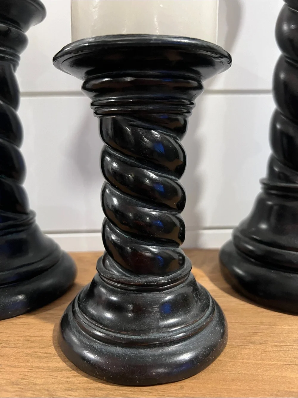 Vintage Classic Black Twisted Wood Candlestick Set with White Pillar Candles - Picture 3 of 15